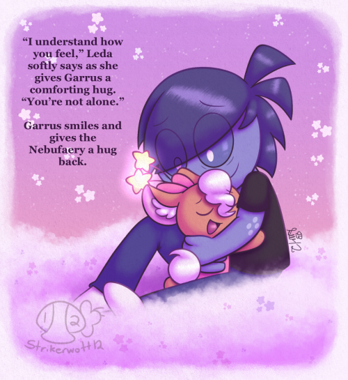 A drawing of Garrus hugging Leda from Nebufaery (A light tan and small chibifur like creature with star antennae, white curly hair and a white curly tail, as well as a pink dress and bow), who's giving him a comforting hug too. They're on a purplish white cloud with purple stars and the sky is a starry pink and purple night sky. There is also text on the top left that reads ""I understand how you feel," Leda softly says as she gives Garrus a comforting hug. "You're not alone." Garrus smiles and gives the Nebufaery a hug back."