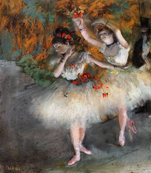 artist-degas:Two Dancers Entering the Stage, 1878, Edgar DegasMedium: pastel