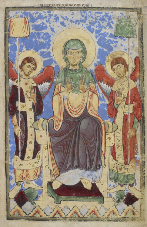 The enthroned Virgin Mary, flanked by two archangels.  Miniature from the Winchester Psalter, 1