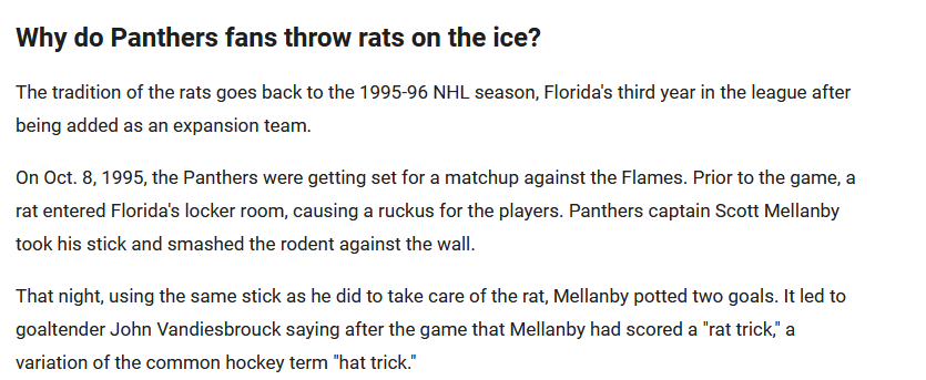 Why do the Florida Panthers fans throw rats on the ice?