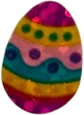 sticker of a pink, blue, yellow, purple, and red easter egg, decorated with stripes and dots. it has a shiny foil finish.