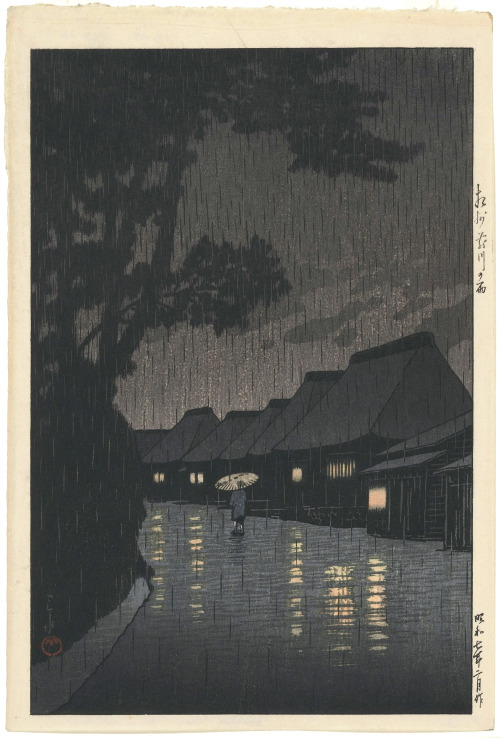 geritsel:Kawase Hasui - Rainy Night at Maekawa, color woodblock print