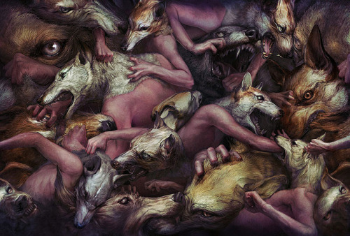 hifructosemag:  In Japan, the word “cute” or kawaii can be stamped on just about everything when it comes to aesthetics. Cute dogs, dolls, cartoons and cars are the accepted standard. Now picture human bodies with wolf heads tearing each other apart.