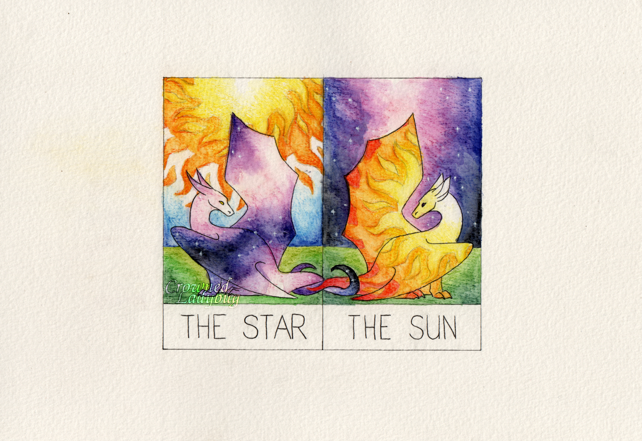 A watercolour pencil piece of pair of tarot cards, The Star and The Sun. The Star is a starry dragon sitting in front of a sunny background, the Sun is a sunny dragon sitting in front of a starry background. The dragons are mirrored and looking at each other, and their tails are intertwined.