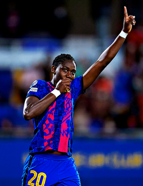 marionacaldenteys:Asisat Oshoala of FC Barcelona celebrates her team’s third goal during the UEFA Wo