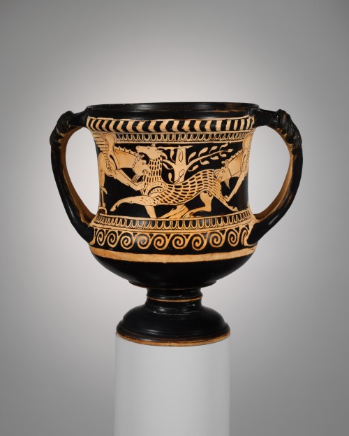 Kantharos decorated with griffins attacking a deer. c. 325 - 300 B.C; terracotta. The Metropolitan M