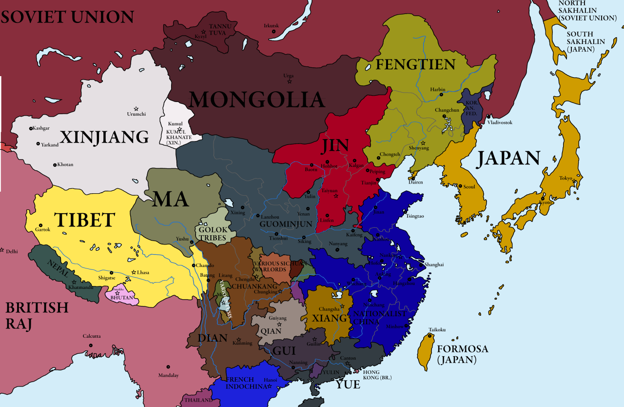 Map of China and surrounding areas in 1930, shortly before the Central Plains War and Sino-Tibetan War.