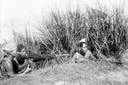 vietnamwarera:Cambodian partisans under command of a French officer training on a Bren machine gun d