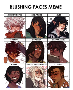 doodlesfromthebird:  Self indulgent blushing meme is self indulgent. I don’t get the opportunity to draw my own characters blushing.[Blank meme]