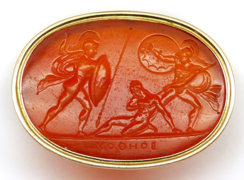 Cornelian gem engraved with a scene from the 20th book of the Iliad, depicting Achilles attacke