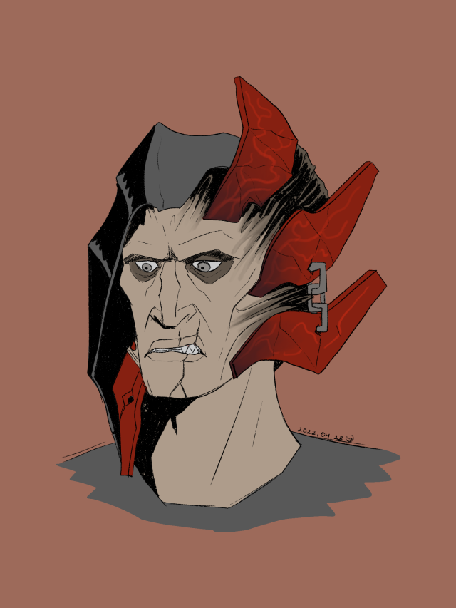 a portrait of corypheus from dragon age: inquisition, a man with red crystals stuck to one side of his face, angry grey eyes, and a remnant of a hood covering the other side of his head.
