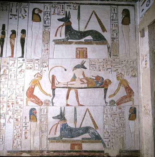 The ‘Litany of Re’ with scenes of Anubis, detail of a wall painting from the Tomb of Sip