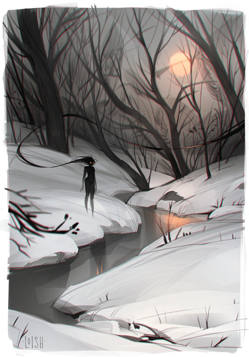 loish:A snow nymph wandering through her forest. Soon her season will be over, spring is coming