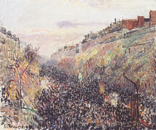 insipit:  Camille Pissarro (1830–1903, France)Boulevard Montmartre series  Pissarro was a Danish-French Impressionist and Neo-Impressionist painter. He studied from great forerunners, including Gustave Courbet and Jean-Baptiste-Camille Corot, then later
