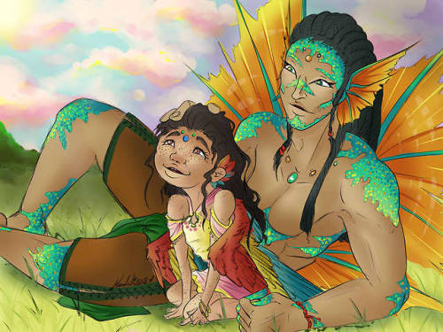 Fish man tells his adopted bird daughter stories of the past. (OC’s Castor, and Maela’i from the sto