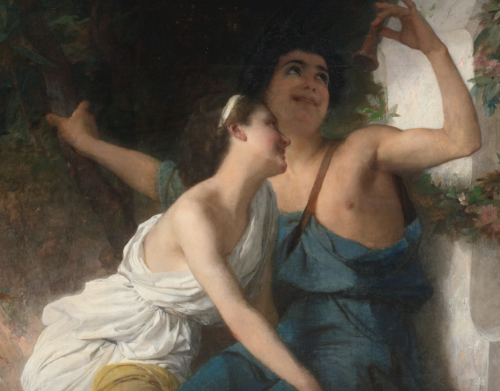 Detail of Young Lovers Mocking Pan by Émile Munier (1877)