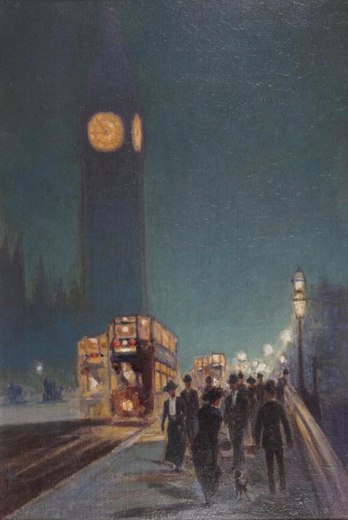 Westminster Bridge by Lamplight -  John Roderick Dempster Mackenzie ,1909.British,1865-1941Oil on ca