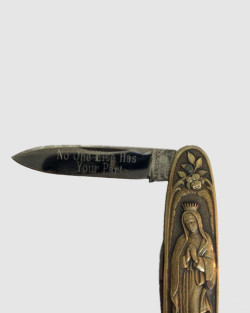 lost-teeth: There’s a world you’re living in, no one else has your part. Vintage knife circa 1919, newly engraved. 