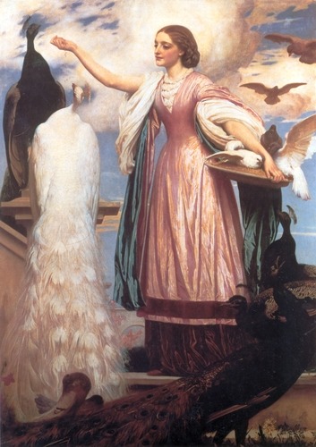 artist-frederic-leighton: A Girl Feeding Peacocks, 1863, Frederic LeightonMedium: oil,canvas