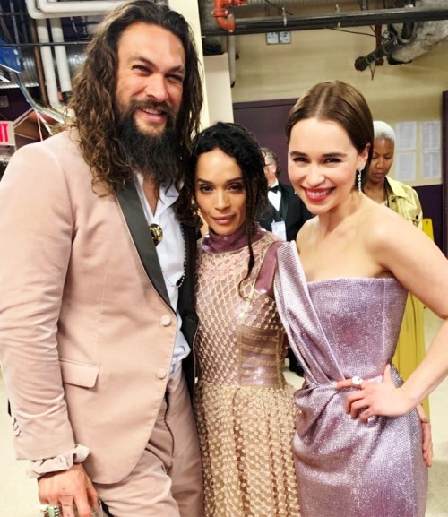 funsizeclarke: Emilia Clarke with Jason Momoa and Lisa Bonet at the 91st Annual Academy Awards (02/2