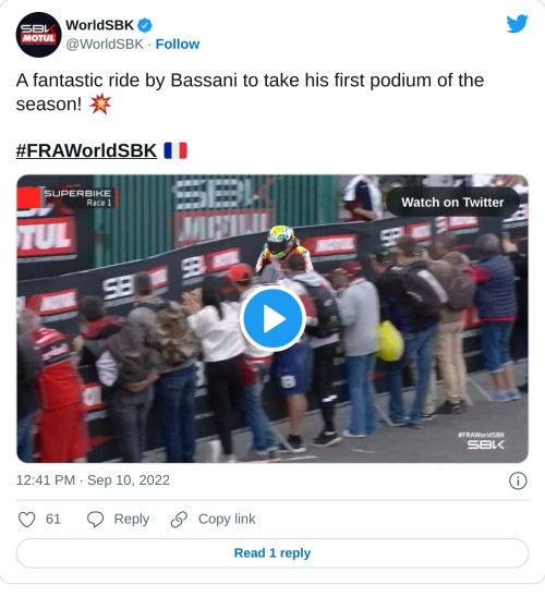 A fantastic ride by Bassani to take his first podium of the season! 💥#FRAWorldSBK 🇫🇷 pic.twitter.com/wyTCFqTtyt  — WorldSBK (@WorldSBK) September 10, 2022