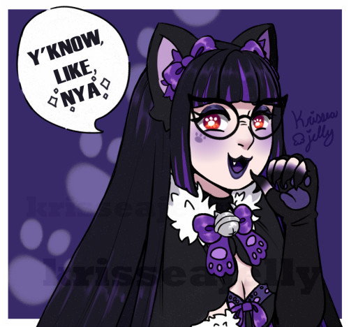 A portrait coloured sketch of the vtuber ViolettaWitch with cat ears, cat-paw-print gloves, and a cat bow. She also has a paw print on her face, a black cape with a fur collar, and is wearing a sweetheart neckline dress. She has black hair with purple under-lights and red eyes.