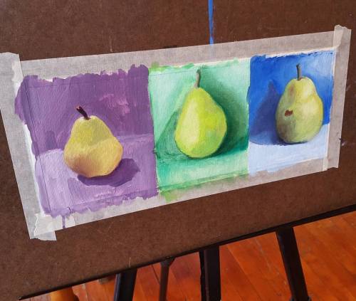 Today in class we did a quick trio of pears with different color backdrops. The purple one was the m
