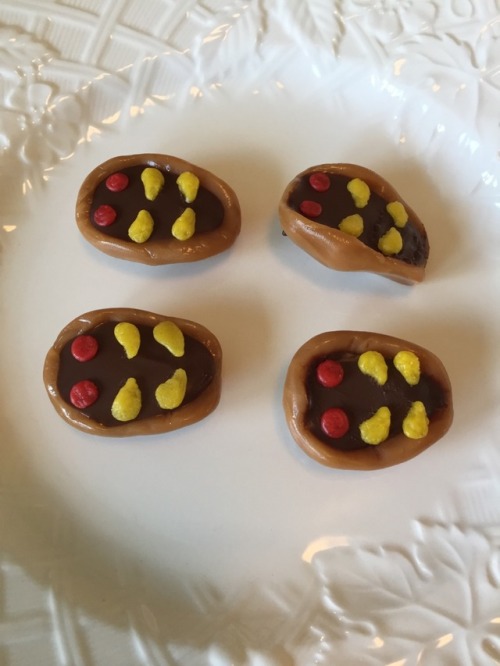 aquatthewailord:Caramel, chocolate, and Nutella Kabuto candies!The shells got a little messed up bec