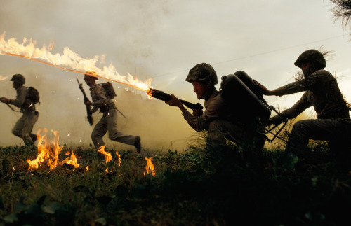 Marine infantry in Taiwan practice using flame throwers in a simulated battle, January 1969.Photogra