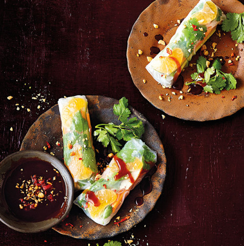 freshcravings:  Mandarin Rice Paper RollsIngredients½ x cup Hoisin Sauce2 x tbs Rice Wine Vinegar1x tbs finely chopped Salted Peanuts1 x small red Chilli, thinly slicedView the delicious full recipe