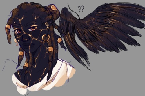 2 sketches of Israfel from Nevermoor. The first is a bust, showing him with locs pulled up in a bun. He has several hair rings, piercings, and lyre-shaped earrings, all in gold. There are golden cracks across his skin. The second shows his wings, which are mostly black, save for gold near the base of the feathers.