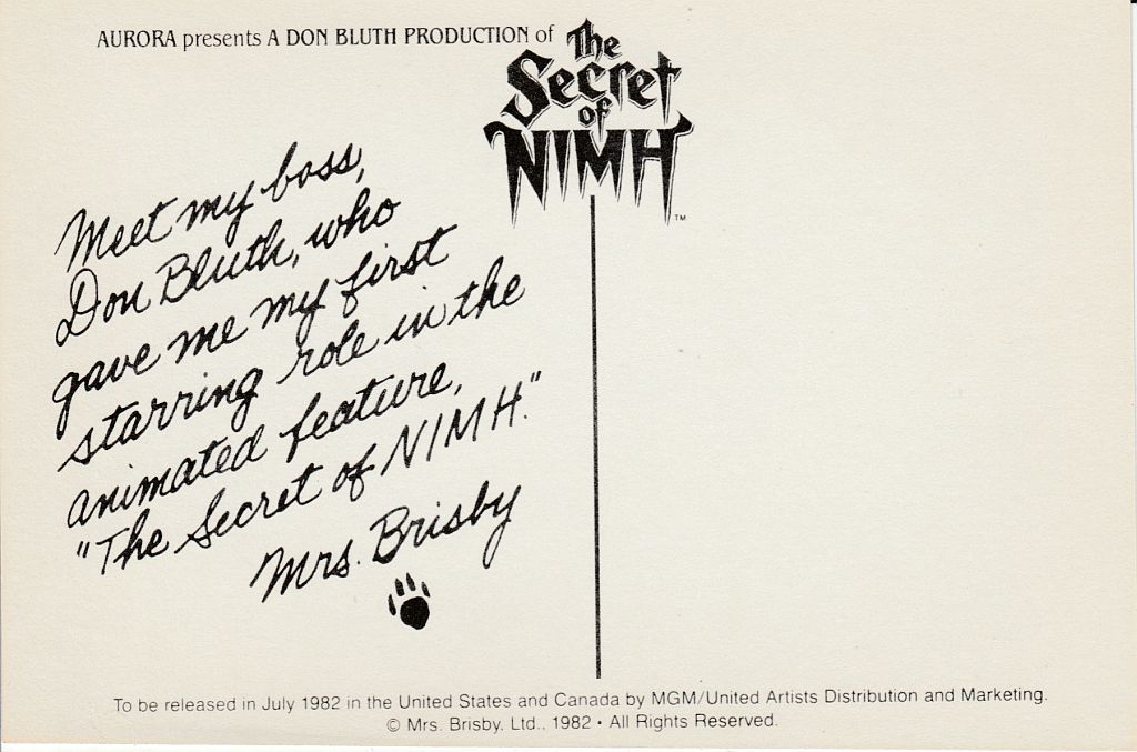 badbirdkc:Promotional postcard for The Secret of Nimh, 1 of 6Mrs. Brisby introduces