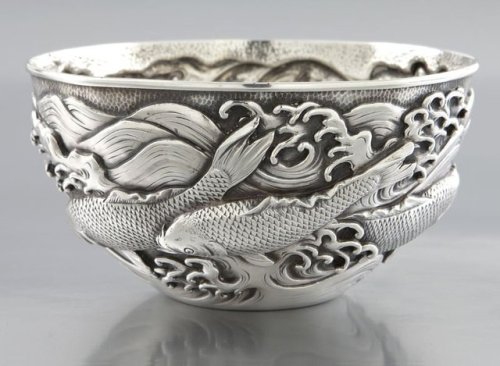 treasures-and-beauty: Japanese export silver bowl featuring stylized koi fish hand chased to the bod