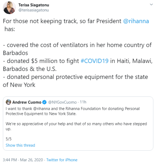 profeminist:For those not keeping track, so far President @rihanna has:  - covered the cost of venti