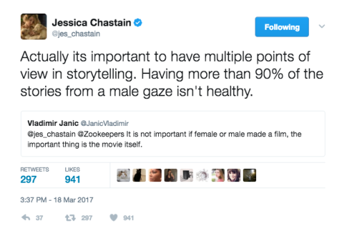 fuckyeahwomenfilmdirectors:Jessica Chastain, educating the lessers on twitter. 