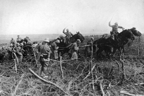 Horse-drawn artillery advances through captured British positionswest of St. Quentin (France, March 