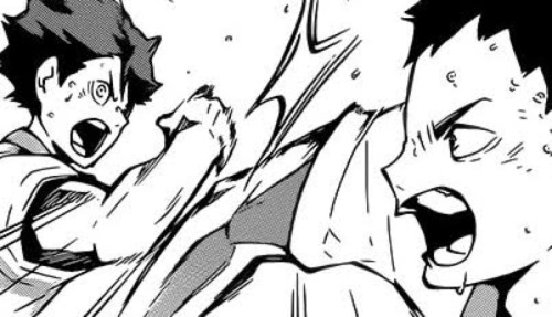 oshietooru:Oikawa and Iwaizumi high-fives in the manga, anime, and stage play.