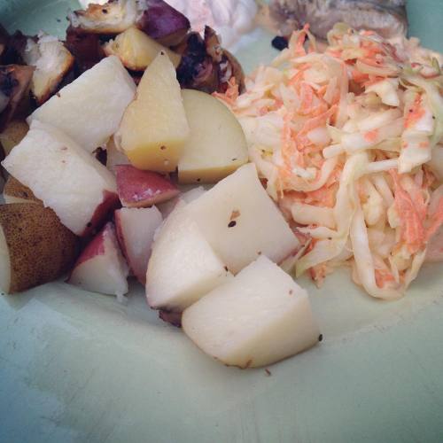 Roasted potatoes on the grill (from our garden) coleslaw and a minuscule piece of swordfish. #homemade #homegrown #yum #potatoes #pescetarian #eatgoodfood #growyourown #grow #humblekitchen #healthyeating #healthyliving #fish #makegoodfood...