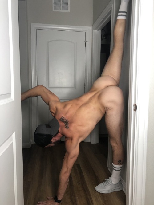 showing off what he learned in yoga class