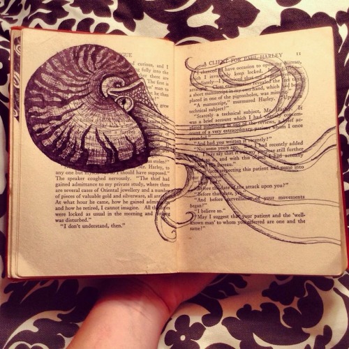 azargrl:A series of sea creature drawings I did in an old book over the course of a few short days.