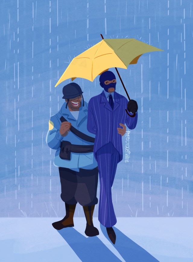 A lineless drawing of BLU Spy smiling lightly as he holds a yellow umbrella over a smiling BLU Soldier during a rainy day. BLU Soldier is fist pumping with one hand while his other hand is wrapped around Spy's waist.