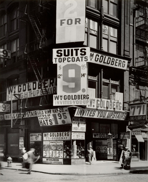 ckck:  Wm. Goldberg’s clothing store. 771 Broadway, New York City, circa 1930s. Photograph by Berenice Abbott.