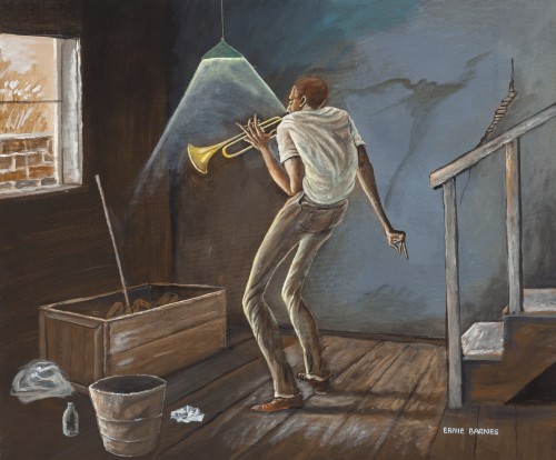  Ernie Barnes (1938-2009) — Trumpet Solo  [oil on canvas, 1970s]