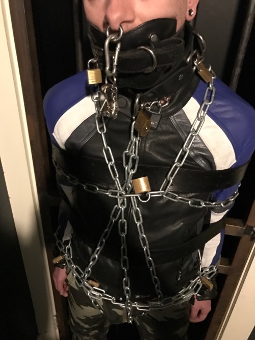 seabondagesadist:Sweet pup slave chained and strapped to the cell door for a while. He shares my interest in heavy bondage for the sake of the BONDAGE! I’m a really nice guy though. He could “escape” whenever he wanted out. I mean, I gave him the