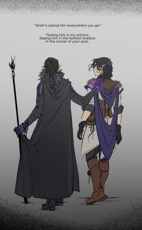 redelicebeta:Grief[image description: a drawing of Lieve’tel and Vex’ahlia, standing and facing away