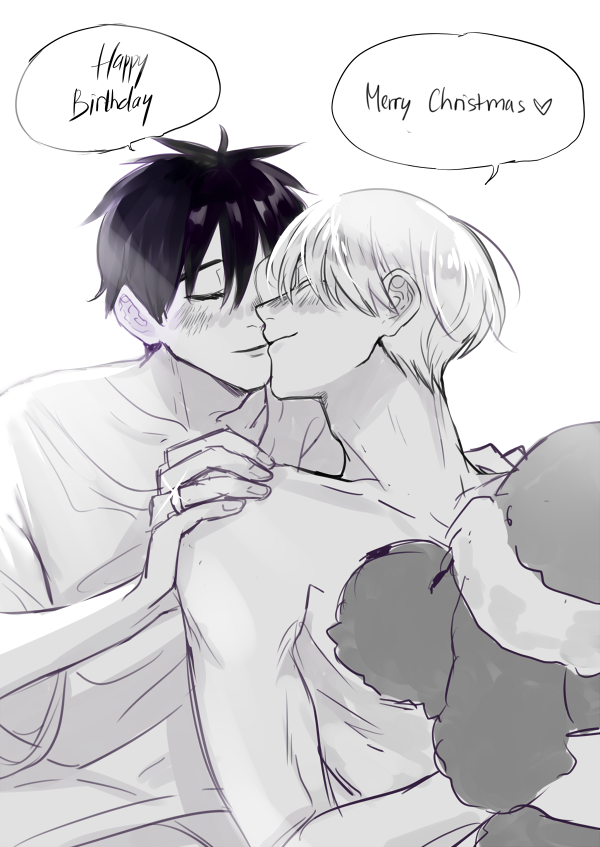 minatu:  Quick doodle for   Long hair Yuuri  Christmas morning  Boyfriend shirt 