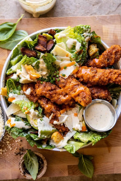 daily-deliciousness:Buffalo ranch pretzel chicken caesar salad