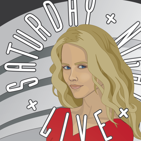 A digital drawing of a white woman with big, loosely curled blonde hair and blue eyes. She is wearing a red shirt and looking forward with a slight smile. In the background is a fancy building in black and white. In a circle around the woman it reads "SATURDAY + NIGHT + LIVE+"