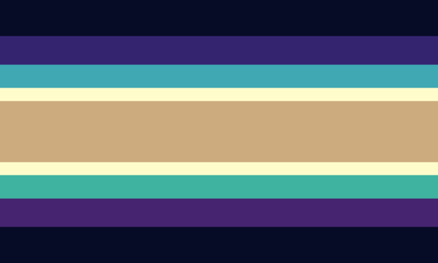 A flag with 9 stripes. It goes from dark blue, to lighter blue-purple, to mid-teal, to light yellow, to orange, to light yellow, to mid-green, to darker purple, to dark blue. 