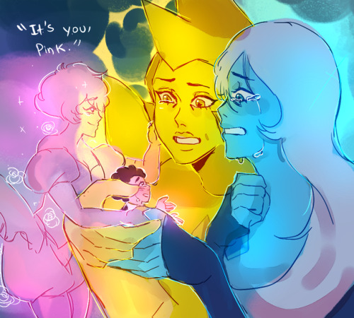 hibiru: “its you!,pink” doodled on mini laptop at car bC I WATCHED IT ALREADY N WAS SO HYPED DECIDED TO DRAW IT THERE tbh the diamonds seem so kind in my opinion,blue went to so much mourning for hundred of years and yellow blames herself for it and